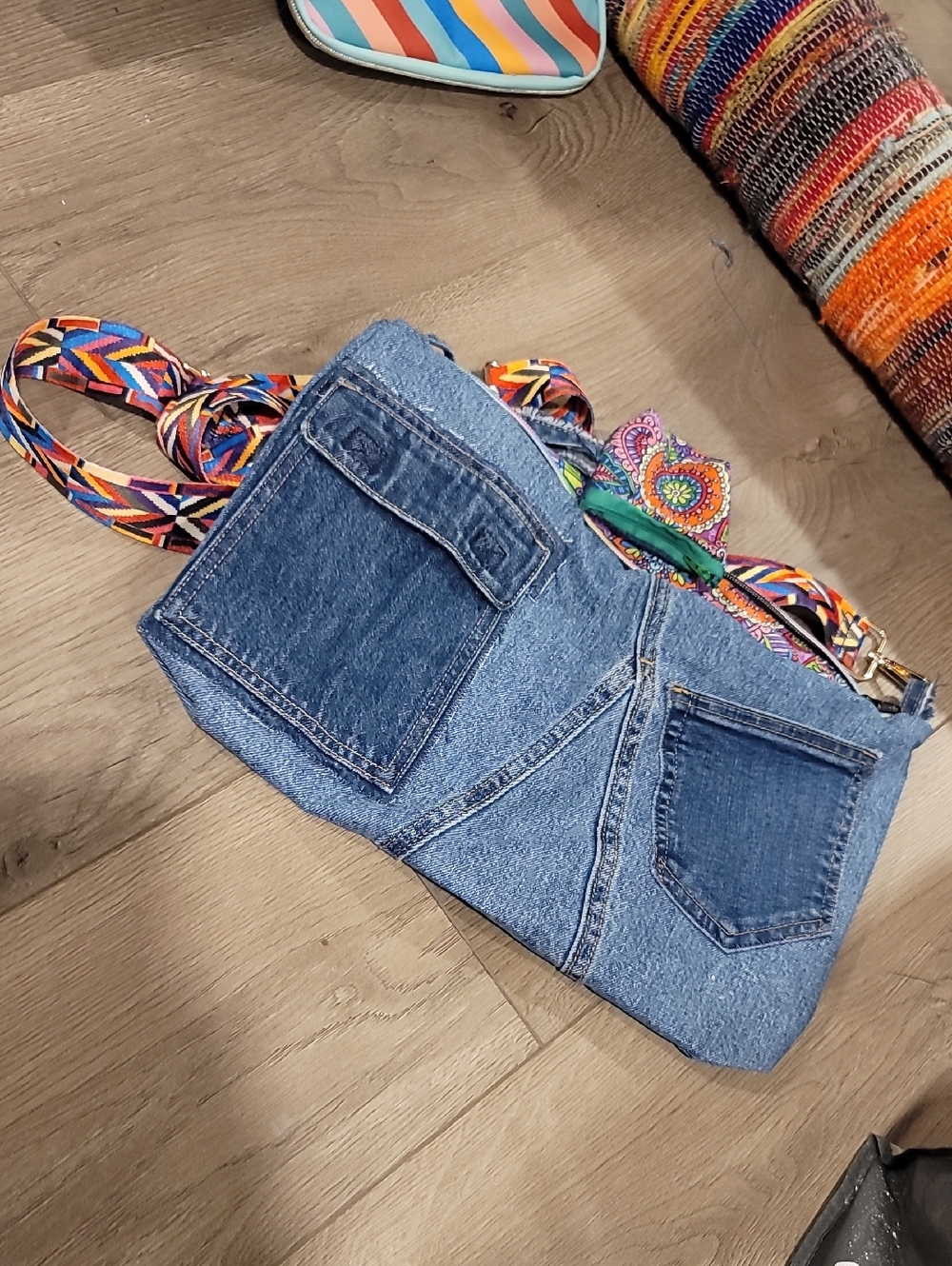 Upcycled Denim Crossbody Bag with Colorful Strap/zipper